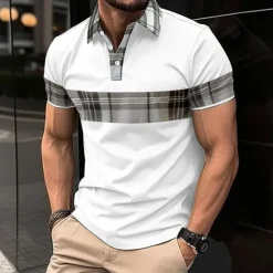 Discount OUKU Men's Golf Shirt Golf Polo Work Casual Lapel Short Sleeve Basic Modern Plaid Color Block Patchwork Button Spring & Summer Regular Fit Black White Blue khaki Golf Shirt