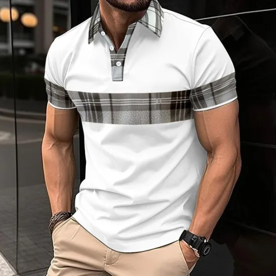 Discount OUKU Men's Golf Shirt Golf Polo Work Casual Lapel Short Sleeve Basic Modern Plaid Color Block Patchwork Button Spring & Summer Regular Fit Black White Blue khaki Golf Shirt