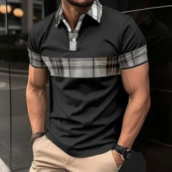 Discount OUKU Men's Golf Shirt Golf Polo Work Casual Lapel Short Sleeve Basic Modern Plaid Color Block Patchwork Button Spring & Summer Regular Fit Black White Blue khaki Golf Shirt