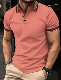 Sale OUKU Men's Golf Shirt Golf Polos Shirts Work Casual Lapel Short Sleeve Basic Modern Stripes Patchwork Buttons Summer Regular Fit Light Pink Pinky Black White Dark Navy Sky Blue Golf Shirt