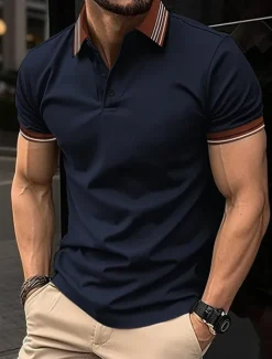 Sale OUKU Men's Golf Shirt Golf Polos Shirts Work Casual Lapel Short Sleeve Basic Modern Stripes Patchwork Buttons Summer Regular Fit Light Pink Pinky Black White Dark Navy Sky Blue Golf Shirt