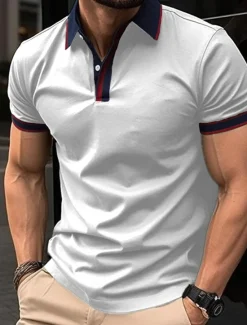 Discount OUKU Men's Golf Shirt Golf Polos Shirts Work Casual Lapel Short Sleeve Basic Modern Color Block Patchwork Buttons Summer Spring Regular Fit Apricot Black White Red Blue Orange Golf Shirt