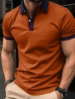 Discount OUKU Men's Golf Shirt Golf Polos Shirts Work Casual Lapel Short Sleeve Basic Modern Color Block Patchwork Buttons Summer Spring Regular Fit Apricot Black White Red Blue Orange Golf Shirt