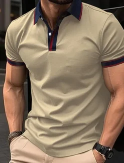 Discount OUKU Men's Golf Shirt Golf Polos Shirts Work Casual Lapel Short Sleeve Basic Modern Color Block Patchwork Buttons Summer Spring Regular Fit Apricot Black White Red Blue Orange Golf Shirt