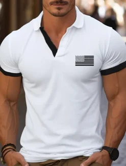 Clearance OUKU Men's Golf Shirt Golf Polos Shirts Work Casual Lapel Short Sleeve Basic Modern Color Block National Flag Patchwork Buttons Summer Regular Fit Wine White Yellow Red Navy Blue Dark Gray Golf Shirt