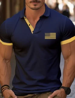 Clearance OUKU Men's Golf Shirt Golf Polos Shirts Work Casual Lapel Short Sleeve Basic Modern Color Block National Flag Patchwork Buttons Summer Regular Fit Wine White Yellow Red Navy Blue Dark Gray Golf Shirt