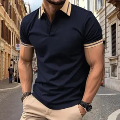 OUKU Men's Golf Shirt Golf Polos Shirts Work Casual Lapel Short Sleeve Basic Modern Color Block Patchwork Buttons Spring & Summer Regular Fit Black White Wine Army Green Navy Blue Blue Golf Shirt