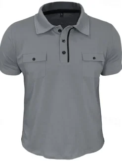 Sale OUKU Men's Golf Shirt Golf Polos Shirts Work Casual Lapel Short Sleeve Basic Modern Plain Pocket Buttons Summer Spring Regular Fit Wine Black White Navy Blue Blue Light Grey Golf Shirt