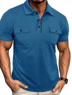 Sale OUKU Men's Golf Shirt Golf Polos Shirts Work Casual Lapel Short Sleeve Basic Modern Plain Pocket Buttons Summer Spring Regular Fit Wine Black White Navy Blue Blue Light Grey Golf Shirt