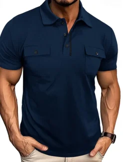 Sale OUKU Men's Golf Shirt Golf Polos Shirts Work Casual Lapel Short Sleeve Basic Modern Plain Pocket Buttons Summer Spring Regular Fit Wine Black White Navy Blue Blue Light Grey Golf Shirt