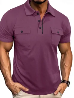 Sale OUKU Men's Golf Shirt Golf Polos Shirts Work Casual Lapel Short Sleeve Basic Modern Plain Pocket Buttons Summer Spring Regular Fit Wine Black White Navy Blue Blue Light Grey Golf Shirt