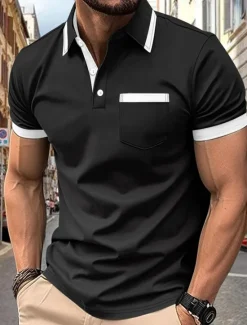 Best OUKU Men's Golf Shirt Golf Polos Shirts Work Casual Lapel Short Sleeve Basic Modern Color Block Patchwork Pocket Summer Regular Fit Black White Wine Navy Blue Sky Blue Brown Golf Shirt