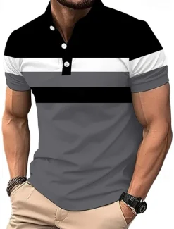 Best OUKU Men's Golf Shirt Golf Polos Shirts Work Casual Lapel Short Sleeve Basic Modern Color Block Patchwork Buttons Summer Spring Regular Fit White Red Navy Blue Gray Golf Shirt