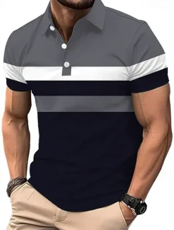 Best OUKU Men's Golf Shirt Golf Polos Shirts Work Casual Lapel Short Sleeve Basic Modern Color Block Patchwork Buttons Summer Spring Regular Fit White Red Navy Blue Gray Golf Shirt