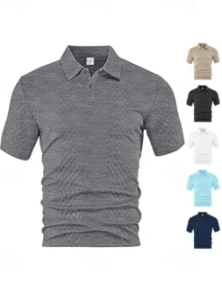 Sale OUKU Men's Golf Shirt Golf Polos Shirts Work Casual Lapel Short Sleeve Basic Modern Plain Buttons Jacquard Summer Spring Regular Fit Black White Navy Blue Khaki Gray Light Blue Golf Shirt