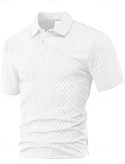Sale OUKU Men's Golf Shirt Golf Polos Shirts Work Casual Lapel Short Sleeve Basic Modern Plain Buttons Jacquard Summer Spring Regular Fit Black White Navy Blue Khaki Gray Light Blue Golf Shirt