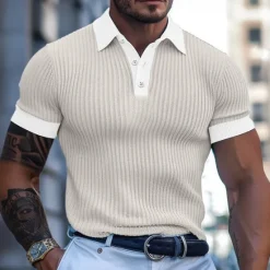 Online OUKU Men's Golf Shirt Knit Polo Business Casual Classic Short Sleeve Fashion Old Money Style Color Block Button Knitted Summer Spring Regular Fit Light Blue Dark Grey White Burgundy Khaki Golf Shirt