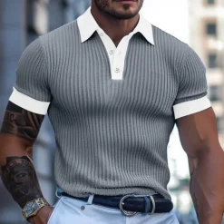 Online OUKU Men's Golf Shirt Knit Polo Business Casual Classic Short Sleeve Fashion Old Money Style Color Block Button Knitted Summer Spring Regular Fit Light Blue Dark Grey White Burgundy Khaki Golf Shirt