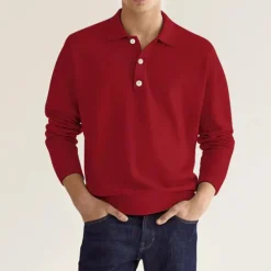 Online OUKU Men's Golf Shirt Knit Polo Street Casual Polo Collar Classic Long Sleeve Fashion Casual Solid Color Plain Button Front Simple Spring & Fall Regular Fit Black White Light Green Pink Wine Navy Blue