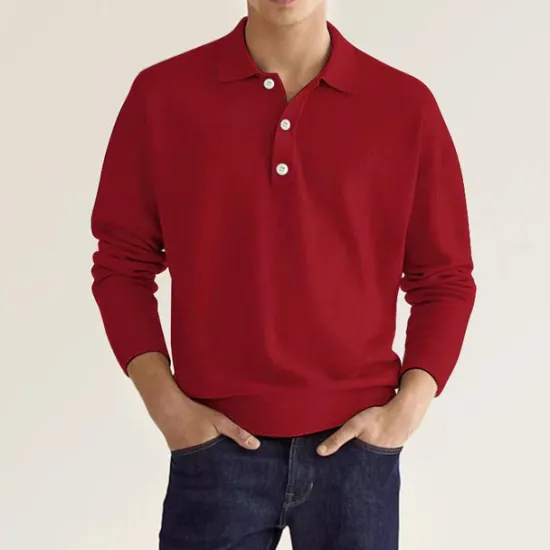 Online OUKU Men's Golf Shirt Knit Polo Street Casual Polo Collar Classic Long Sleeve Fashion Casual Solid Color Plain Button Front Simple Spring & Fall Regular Fit Black White Light Green Pink Wine Navy Blue