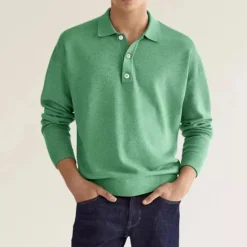 Online OUKU Men's Golf Shirt Knit Polo Street Casual Polo Collar Classic Long Sleeve Fashion Casual Solid Color Plain Button Front Simple Spring & Fall Regular Fit Black White Light Green Pink Wine Navy Blue