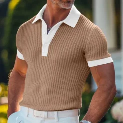 Online OUKU Men's Golf Shirt Knit Polo Business Casual Classic Short Sleeve Fashion Old Money Style Solid Color Button Knitted Summer Spring Regular Fit Light Blue White Burgundy Khaki Grey Golf Shirt