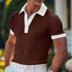 Online OUKU Men's Golf Shirt Knit Polo Business Casual Classic Short Sleeve Fashion Old Money Style Solid Color Button Knitted Summer Spring Regular Fit Light Blue White Burgundy Khaki Grey Golf Shirt