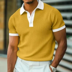 Best OUKU Men's Golf Shirt Knit Polo Work Casual Ribbed Polo Collar Classic Short Sleeve Basic Modern Color Block Ribbed Spring & Summer Regular Fit White Yellow Blue Green Gray Golf Shirt