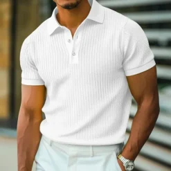Best OUKU Men's Golf Shirt Knit Polo Work Casual Ribbed Polo Collar Classic Short Sleeve Basic Modern Color Block Ribbed Spring & Summer Regular Fit White Yellow Blue Green Gray Golf Shirt