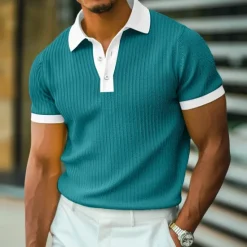 Best OUKU Men's Golf Shirt Knit Polo Work Casual Ribbed Polo Collar Classic Short Sleeve Basic Modern Color Block Ribbed Spring & Summer Regular Fit White Yellow Blue Green Gray Golf Shirt