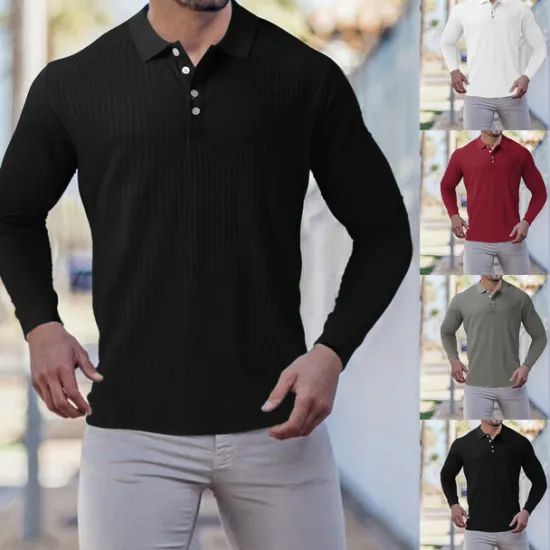 New OUKU Men's Golf Shirt Knit Polo Casual Going out Polo Collar Classic Long Sleeve Sportswear Casual Solid Color Striped Patchwork Button Front Fall & Winter Slim Black White Wine Red Navy Blue Dark Green