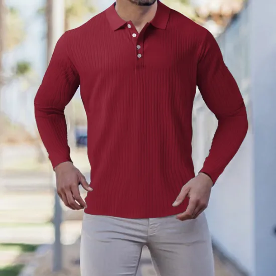 New OUKU Men's Golf Shirt Knit Polo Casual Going out Polo Collar Classic Long Sleeve Sportswear Casual Solid Color Striped Patchwork Button Front Fall & Winter Slim Black White Wine Red Navy Blue Dark Green