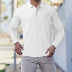 New OUKU Men's Golf Shirt Knit Polo Casual Going out Polo Collar Classic Long Sleeve Sportswear Casual Solid Color Striped Patchwork Button Front Fall & Winter Slim Black White Wine Red Navy Blue Dark Green