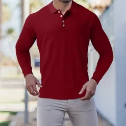 New OUKU Men's Golf Shirt Knit Polo Casual Going out Polo Collar Classic Long Sleeve Sportswear Casual Solid Color Striped Patchwork Button Front Fall & Winter Slim Black White Wine Red Navy Blue Dark Green