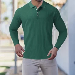 New OUKU Men's Golf Shirt Knit Polo Casual Going out Polo Collar Classic Long Sleeve Sportswear Casual Solid Color Striped Patchwork Button Front Fall & Winter Slim Black White Wine Red Navy Blue Dark Green