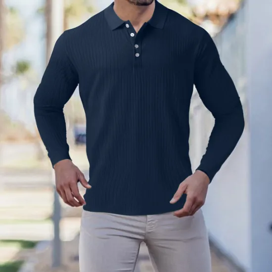 New OUKU Men's Golf Shirt Knit Polo Casual Going out Polo Collar Classic Long Sleeve Sportswear Casual Solid Color Striped Patchwork Button Front Fall & Winter Slim Black White Wine Red Navy Blue Dark Green