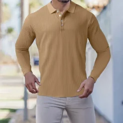 New OUKU Men's Golf Shirt Knit Polo Casual Going out Polo Collar Classic Long Sleeve Sportswear Casual Solid Color Striped Patchwork Button Front Fall & Winter Slim Black White Wine Red Navy Blue Dark Green