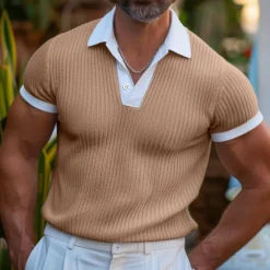 Best OUKU Men's Golf Shirt Knit Polo Business Casual Classic Short Sleeve Fashion Solid Color Button Knitted Summer Spring Regular Fit Light Blue White Burgundy Khaki Grey Golf Shirt
