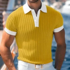 Hot OUKU Men's Golf Shirt Knit Polo Work Casual Ribbed Polo Collar Classic Short Sleeve Basic Modern Color Block Ribbed Spring & Summer Regular Fit White Yellow Blue Green Gray Golf Shirt