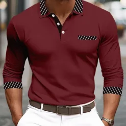 Online OUKU Men's Golf Shirt Pique Polo Shirt Business Casual Turndown Long Sleeve Fashion Basic Solid Color Color Block Patchwork Button Spring & Fall Regular Fit Black White Burgundy Navy Blue Orange Golf
