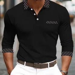 Online OUKU Men's Golf Shirt Pique Polo Shirt Business Casual Turndown Long Sleeve Fashion Basic Solid Color Color Block Patchwork Button Spring & Fall Regular Fit Black White Burgundy Navy Blue Orange Golf