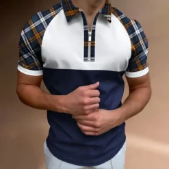 Discount OUKU Men's Golf Shirt Polo Business Casual Quarter Zip Short Sleeve Fashion Casual Plaid Color Block Zipper Summer Spring Regular Fit Blue Dark Green Green Golf Shirt