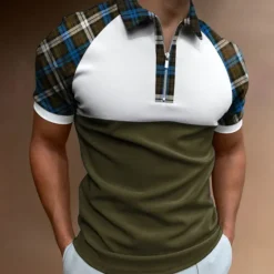 Discount OUKU Men's Golf Shirt Polo Business Casual Quarter Zip Short Sleeve Fashion Casual Plaid Color Block Zipper Summer Spring Regular Fit Blue Dark Green Green Golf Shirt