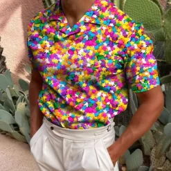 Online OUKU Men's Golf Shirt Short Sleeve Candy Print Casual Optical Illusion Turndown Tops Green Black Blue Gray Rainbow 3D Print Daily Button-Down Print Fashion Designer Breathable / Sports