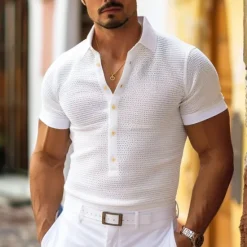 Best OUKU Men's Golf Shirt Waffle Knit Polo Shirt Casual Holiday Lapel Short Sleeve Fashion Old Money Style Plain Button Summer Spring Regular Fit White Light Blue Golf Shirt