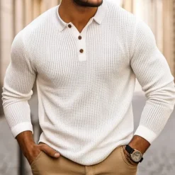 New OUKU Men's Golf Shirt Waffle Knit Polo Shirt Formal Business Ribbed Polo Collar Long Sleeve Fashion Solid Color Button Spring & Fall Golf Shirt White