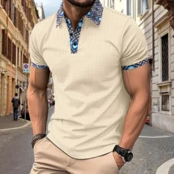 New OUKU Men's Golf Shirt Waffle Knit Polo Shirt Business Active Classic Short Sleeve Fashion Modern Solid Color Buttons Summer Spring Regular Fit Black White Royal Blue Beige Gray Golf Shirt