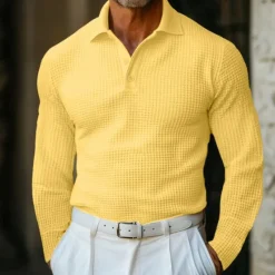Hot OUKU Men's Golf Shirt Waffle Knit Polo Shirt Business Active Classic Long Sleeve Fashion Modern Solid Color Button Summer Spring Regular Fit Dark Grey White Yellow Khaki Golf Shirt