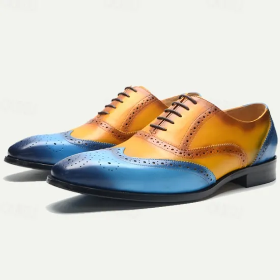New OUKU Men's Gradient Brogue Oxford Shoes – Premium Cowhide Leather with Yellow and Blue Design, Perfect for Business, Parties, or Formal Occasions Brown / Blue