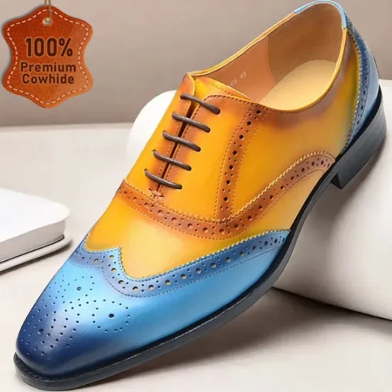 New OUKU Men's Gradient Brogue Oxford Shoes – Premium Cowhide Leather with Yellow and Blue Design, Perfect for Business, Parties, or Formal Occasions Brown / Blue
